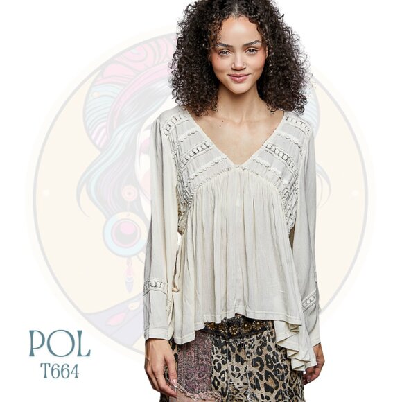 T664 POL Cream Off White Trim Point Ruffle Rayon Top - Picture 1 of 3